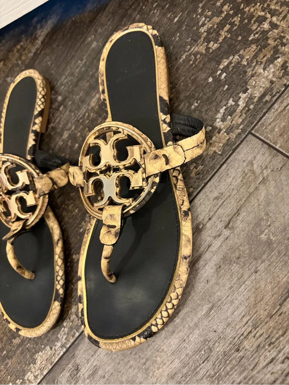Tory Burch Snake-Print Logo Thong Sandals in Yellow and Black